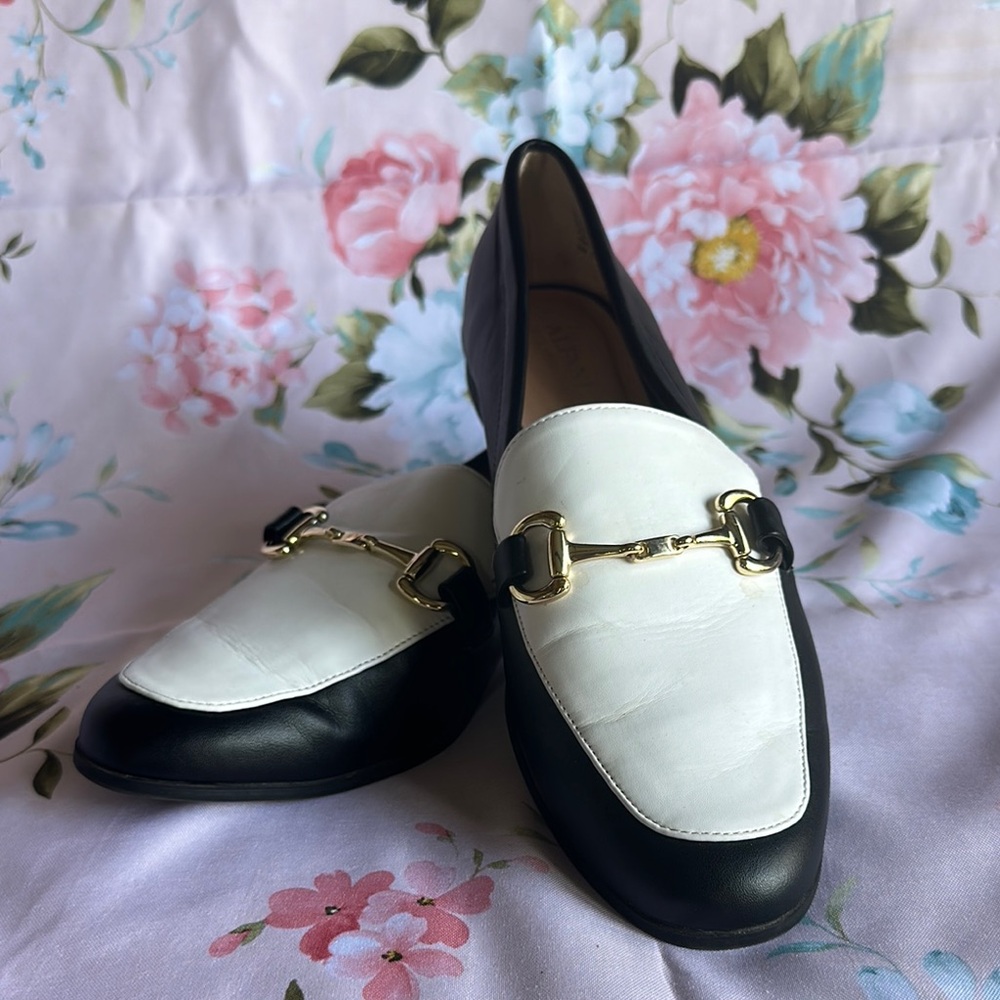 Alfani Black and White Flats with Gold Chain Detail